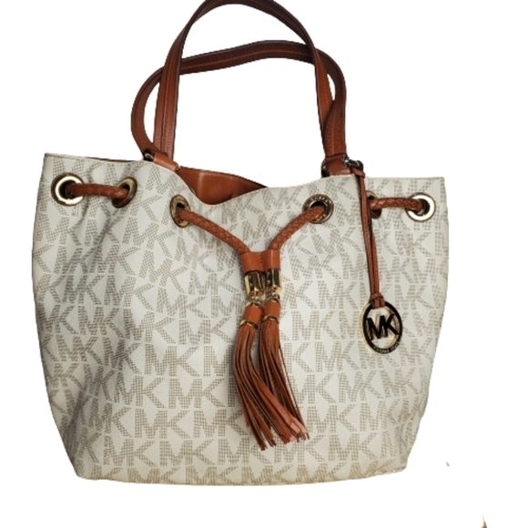 Michael Kors Jet Set Large Logo Leather Gathered Brown Vanilla Tote Purse 15" - Picture 1 of 15